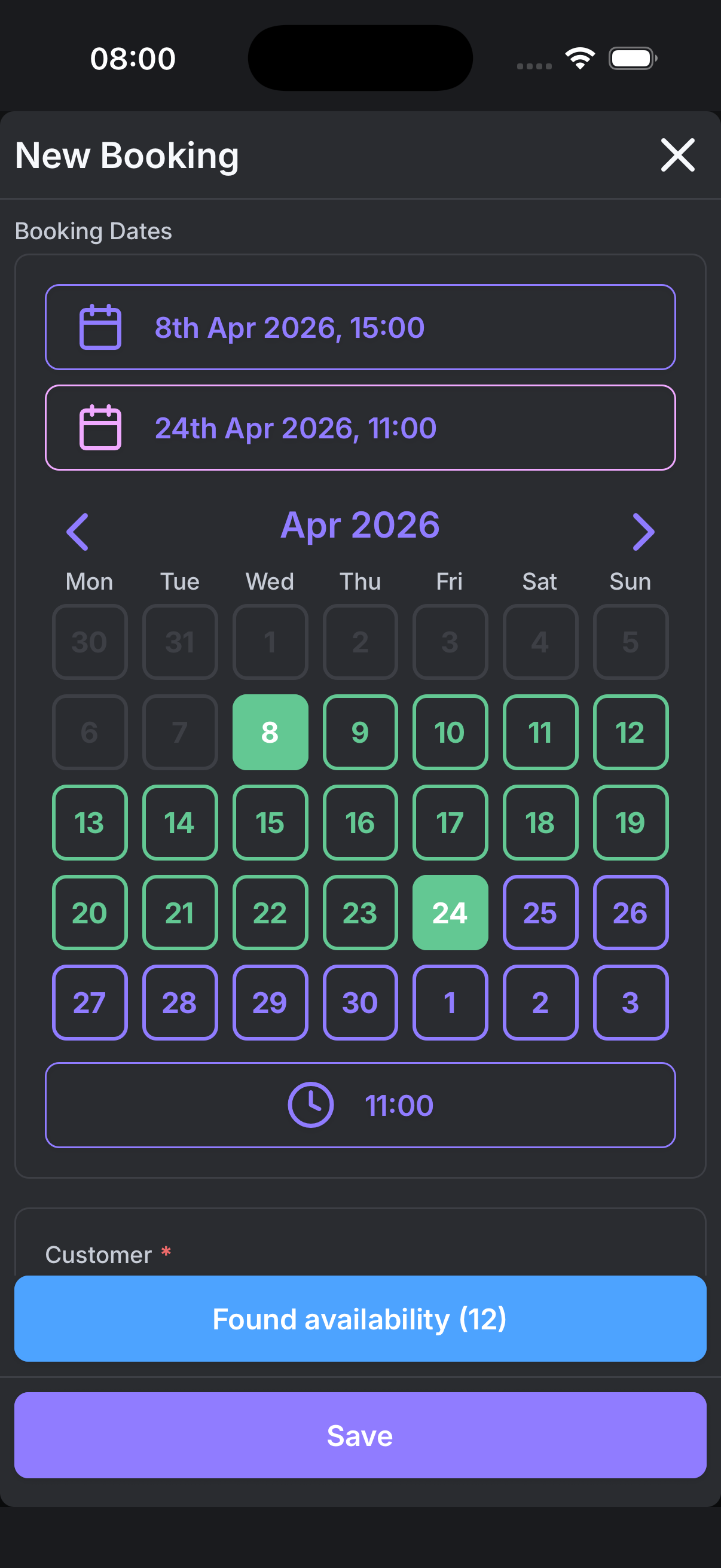 Adding a new booking in At9 — date and customer selection