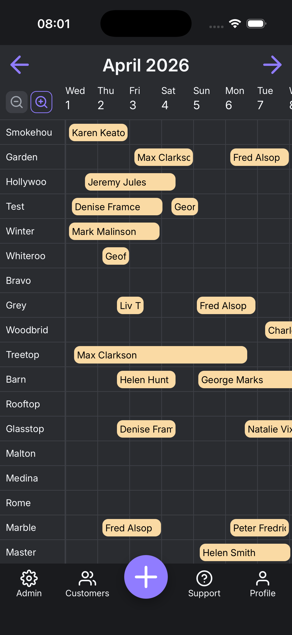At9 schedule view showing the week's bookings across rooms