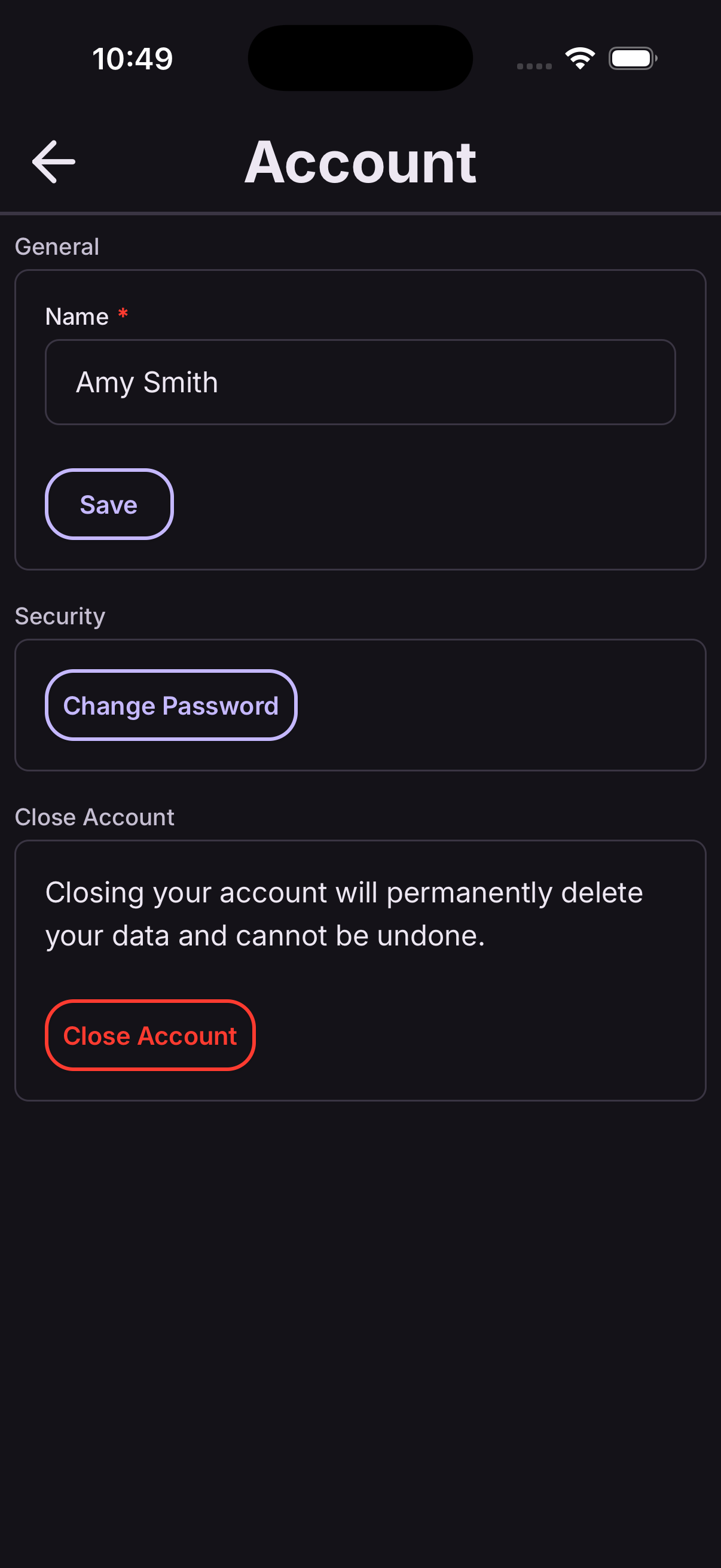 Close account screen