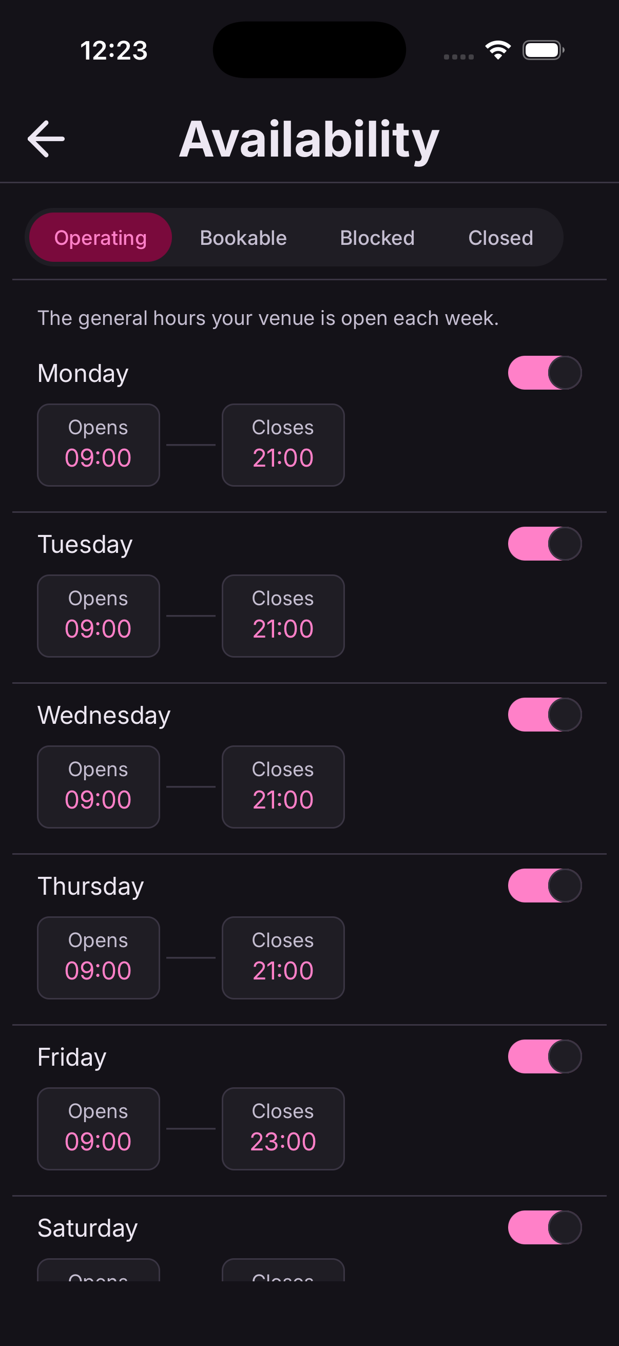 Set operating hours step 2