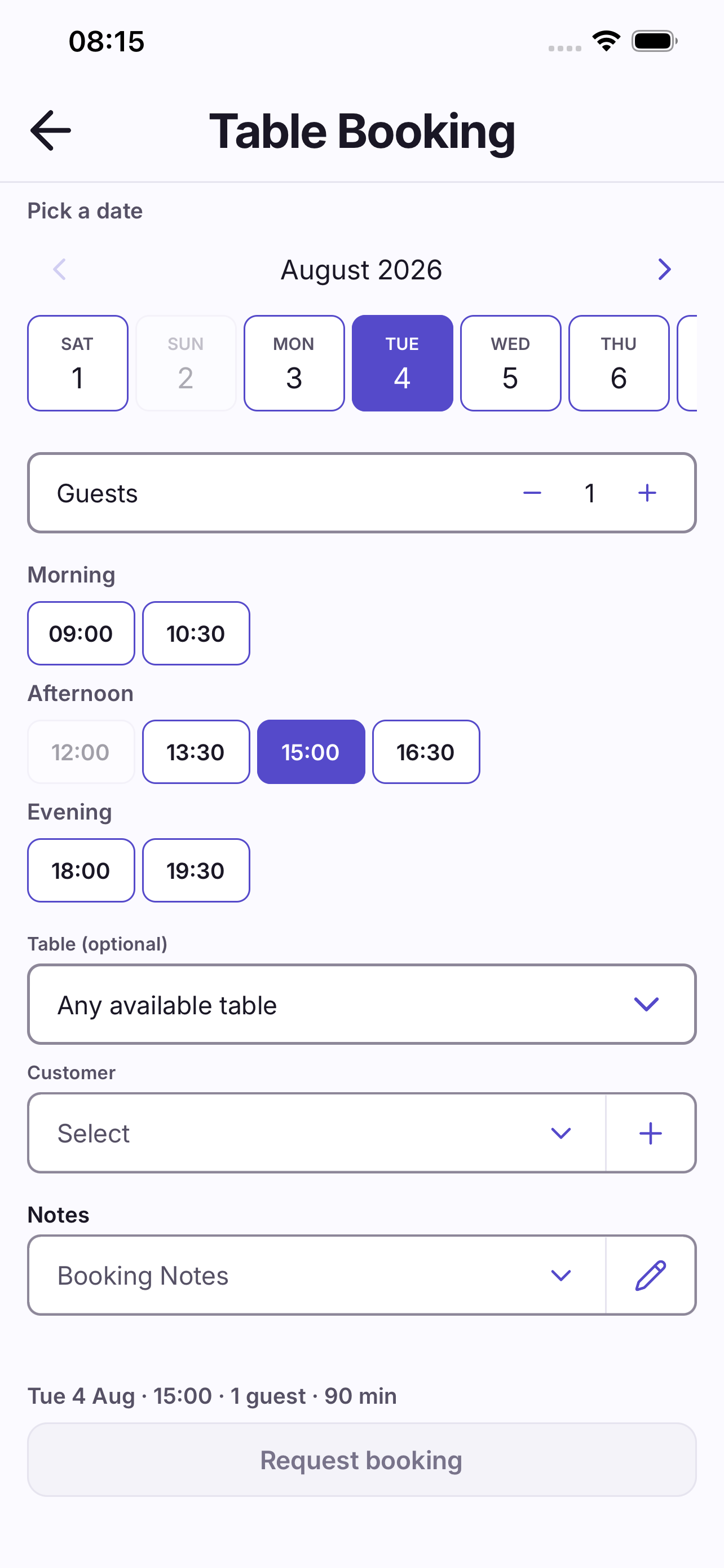 Adding a table booking in At9