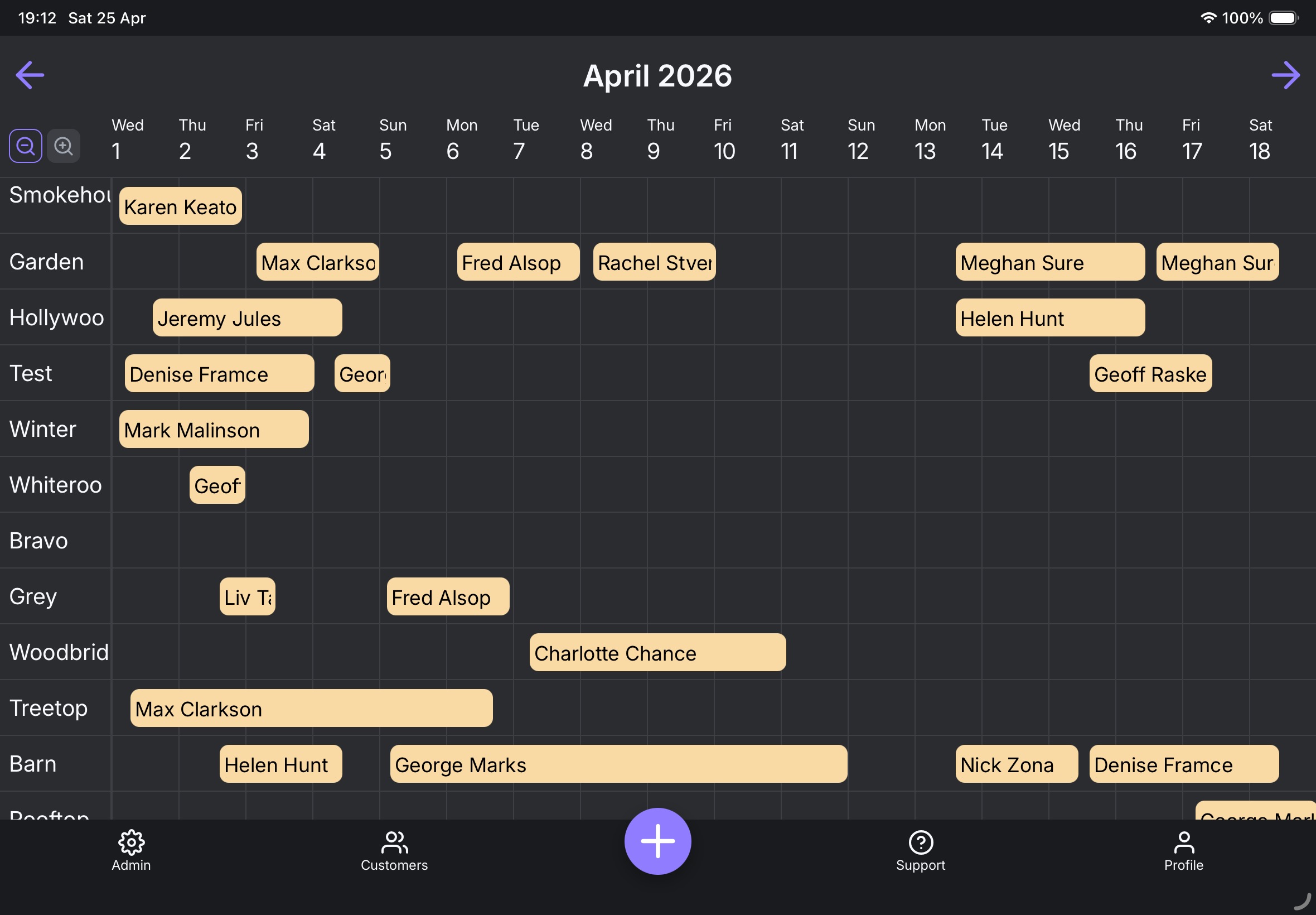 At9 calendar view showing bookings across rooms